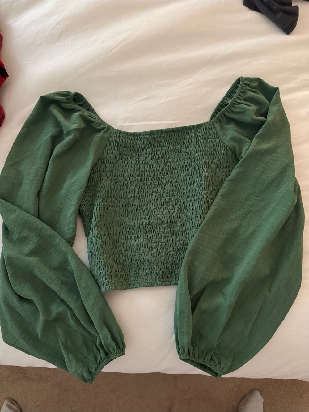 Listicle Green Smocked Square-Neck Crop Top with Balloon Sleeves